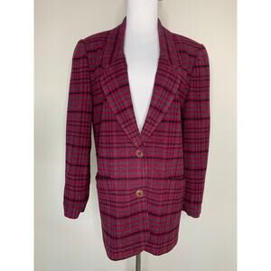 SK & Company Deep Pink Black Plaid Wool Blend Blazer Sz 10